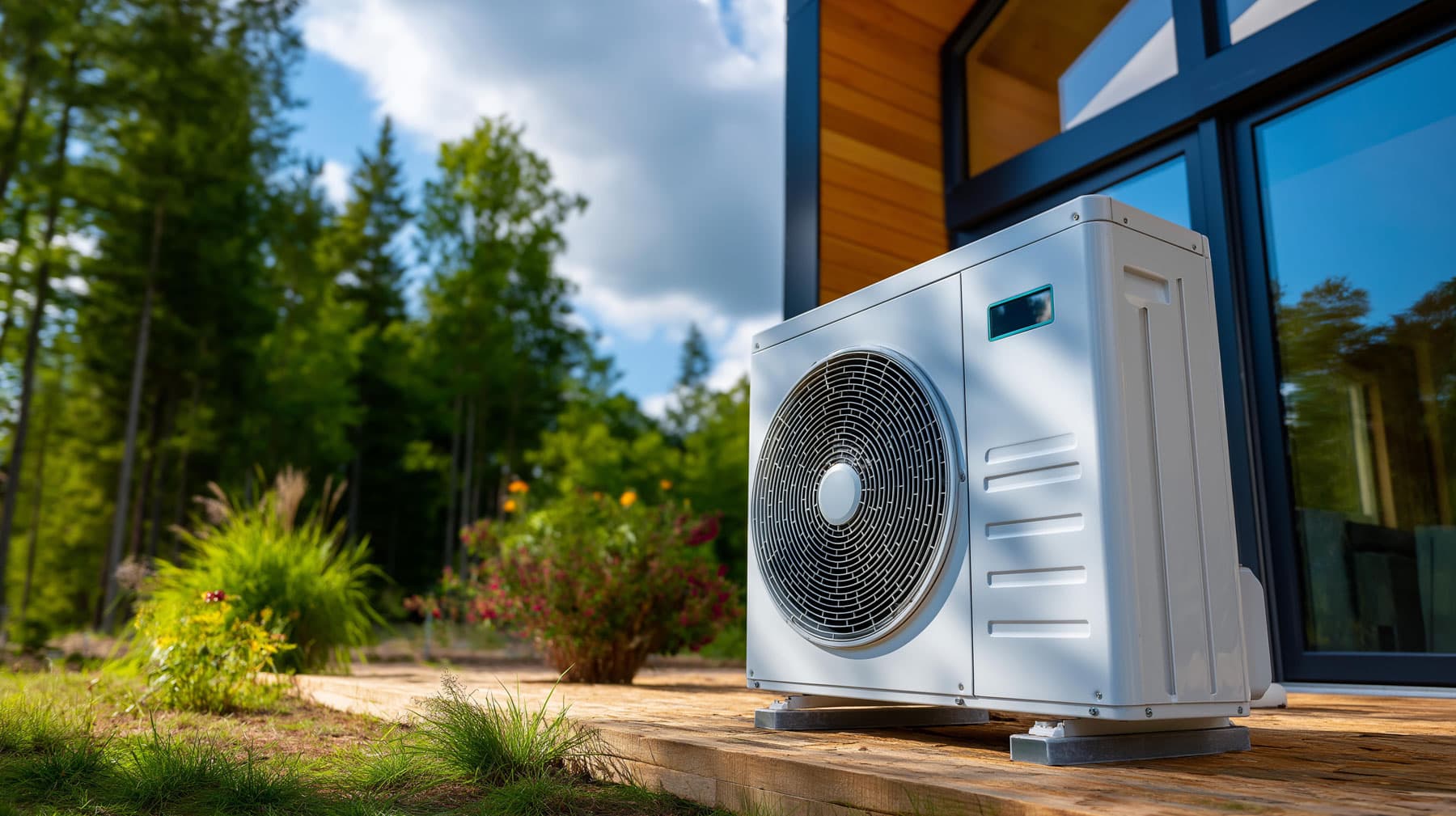 Modern heat pump unit installed beside a contemporary home